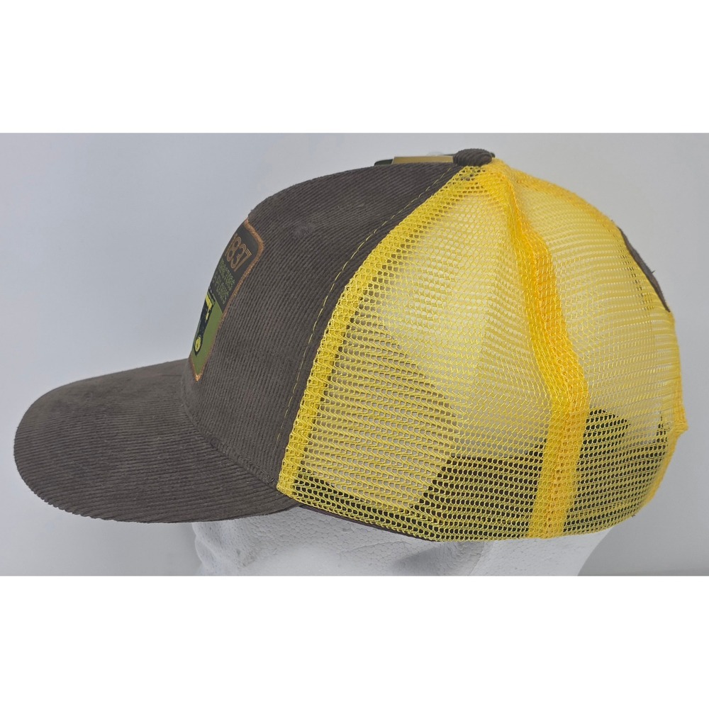 John Deere Trucker Hat Brown Corduroy Yellow Mesh Patch Snapback Cap NWT - Picture 3 of 10